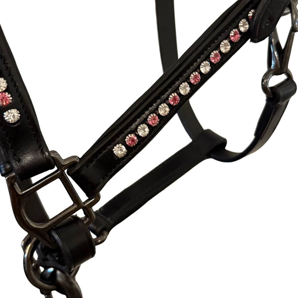 Licol Riverstone Cuir Noir Pierre Rose et Blanche + longe incluse